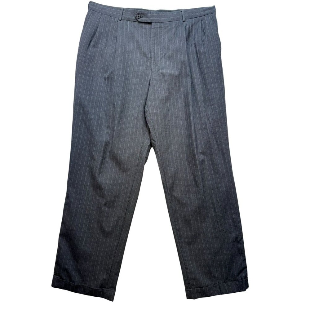 Lands End Traditional Fit Mens Pinstriped Trousers Size 38 Gray Wool Blend